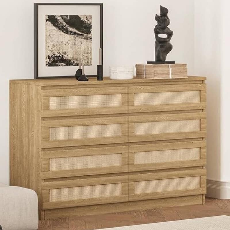 8 Drawer Rattan Double Storage Dresser for Bedroom