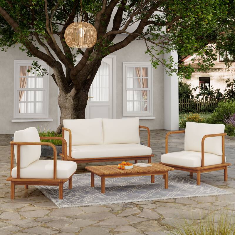 Christopher Knight Home - Canape Modern Outdoor Acacia Wood 4 Piece Conversation Set - Teak Finish+Cream Cushion