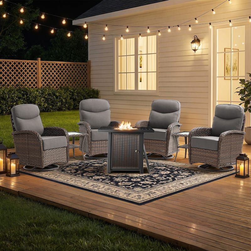 Pocassy Outdoor Sofa Swivel Chair and Ottman with Fire Pit Table - Brown Wicker Gray Cushion - 7PCS Swivel Chiar w/ Square Fire Table