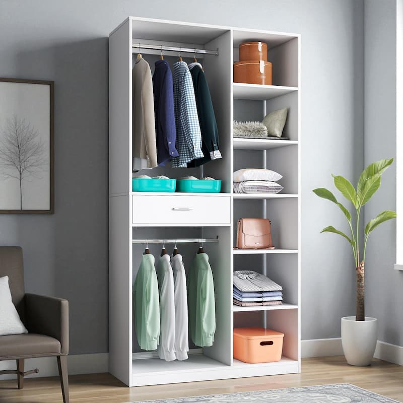Freestanding Closet System Stand-Alone Wardrobe with 6 Open Shelves 1 Drawer and 2 Hanging Rods 74.8" Wood Closet Organizer