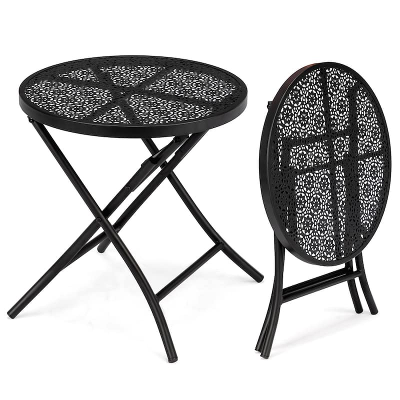 Black Iron Folding Patio Side Table with Flower Cutout Design - 18.1 x 18.1 x 18.7 in - Black