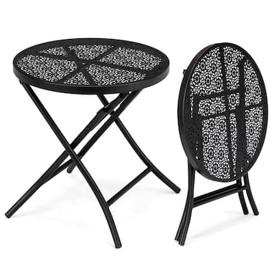Black Iron Folding Patio Side Table with Flower Cutout Design - 18.1 x 18.1 x 18.7 in