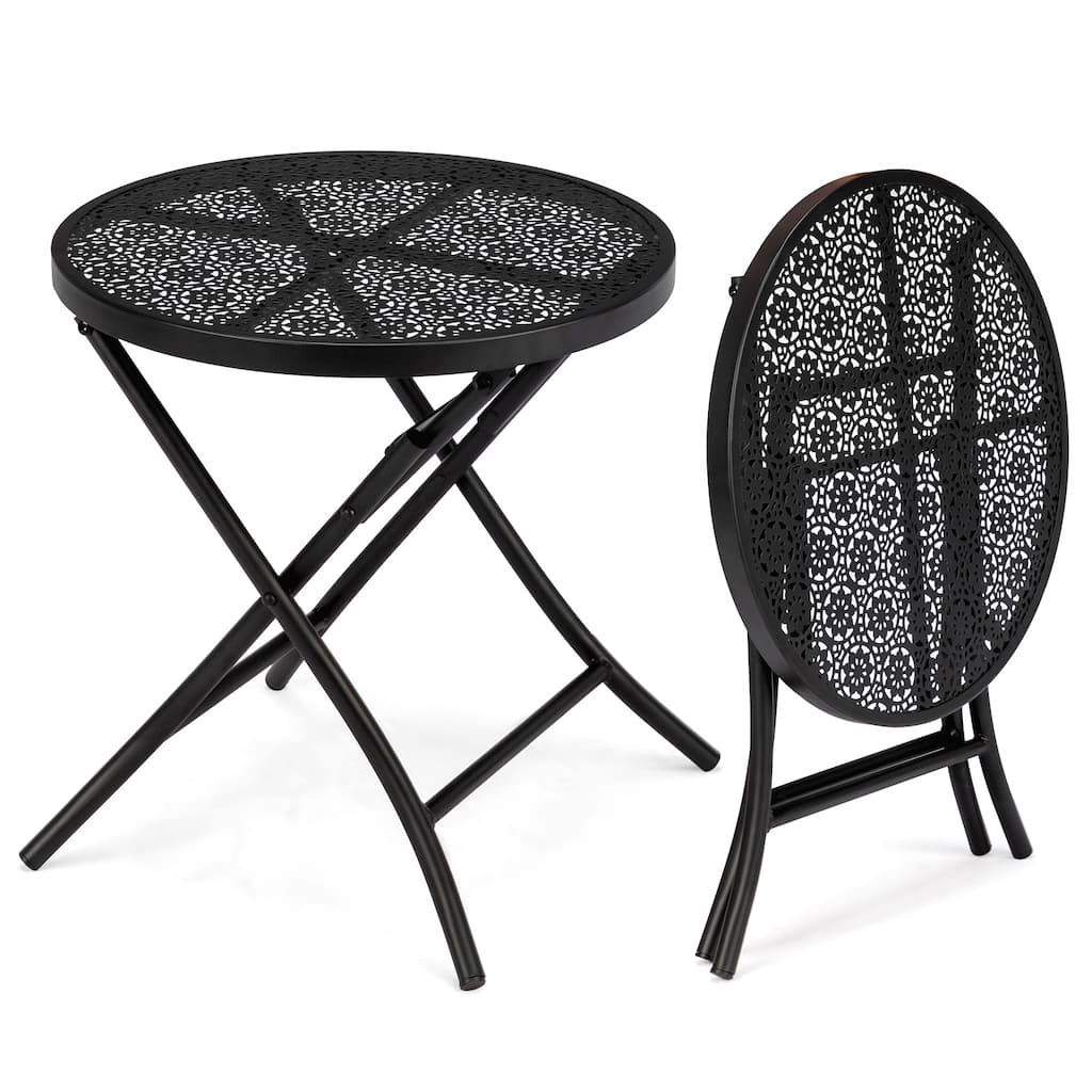 Black Iron Folding Patio Side Table with Flower Cutout Design - 18.1 x 18.1 x 18.7 in