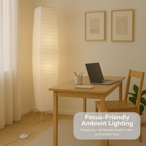 Japanese Style Rice Paper Floor Lamp - 50 Inch Tall With Chrome Base, White Shade, On/Off Foot Switch For Living Room & Bedroom