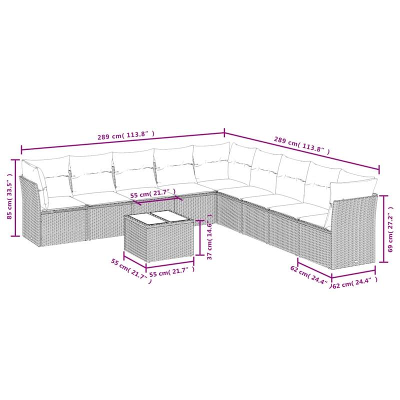 vidaXL 9/10 Piece Patio Sofa Set with Cushions Black/Brown/Gray Poly Rattan - 21.7 x 24.4 x 27.2
