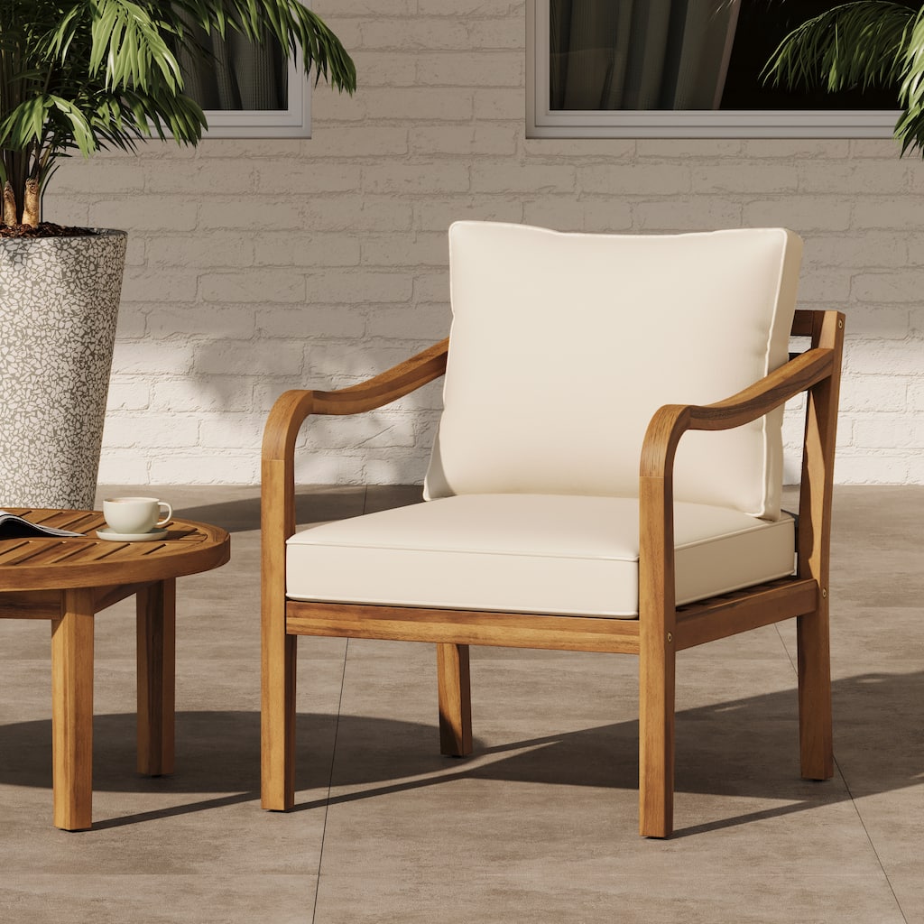 Christopher Knight Home - Louvale Outdoor Acacia Wood Club Chair Set with Elegant Curved Armrests, Cross Back & Soft Cushions