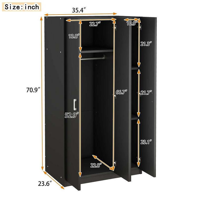 Modern 3 Door Wardrobe with Mirror, 3 Drawers, Hanging Rod - N/A