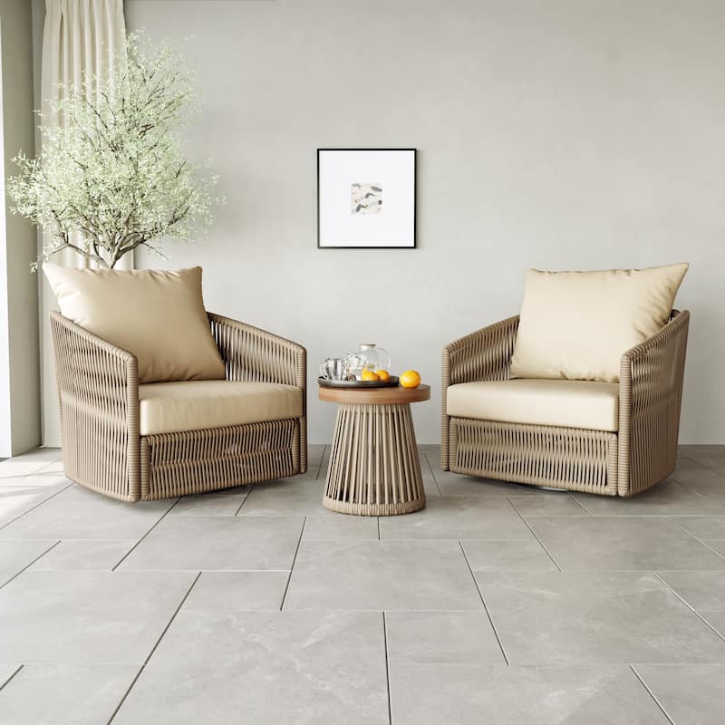 3-piece Cushioned Swivel Patio Wicker Furniture Set Outdoor Rattan Bistro Set - Khaki
