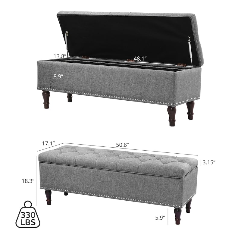 Tufted Storage Bench, Upholstered Ottoman with Storage for Bedroom - 50.8" W X 17.1" D X 18.3" H