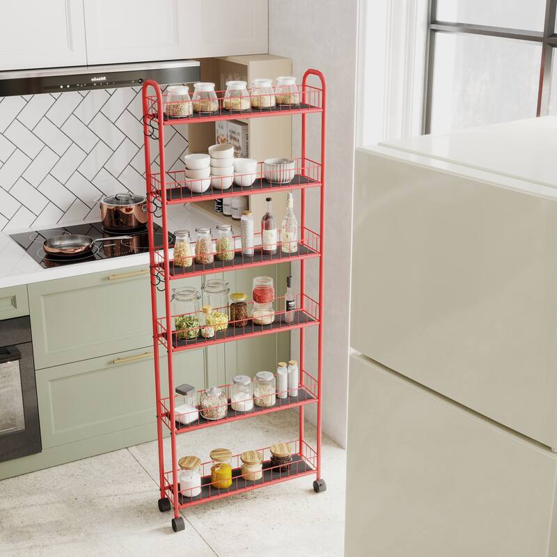 Red 6-Tier Rolling Cart Gap Kitchen Slim Slide Out Storage Tower Rack with Wheels, 6 Baskets, Laundry Utility cart