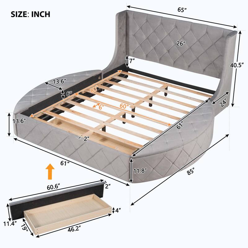 Queen Size Upholstered Platform Bed with Wingback Headboard and 1 Big Drawer,2 Side Storage Stool
