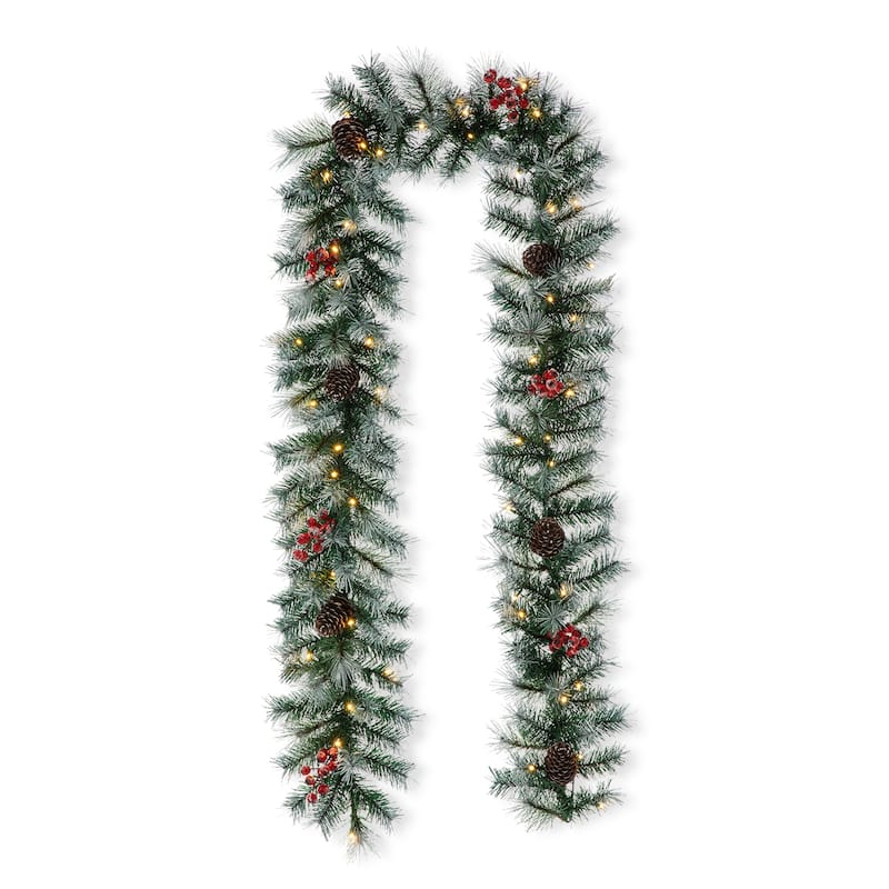 Glitzhome 9'L Pre-Lit Christmas Garland with Warm White LED Light - Frosted Greenery