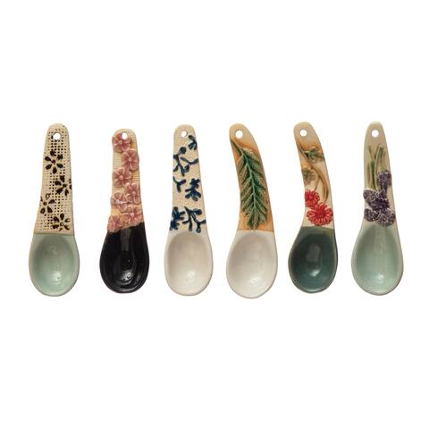 Hand-Painted Stoneware Spoon with Floral Design Handle, 6 Styles (Each One Will Vary)