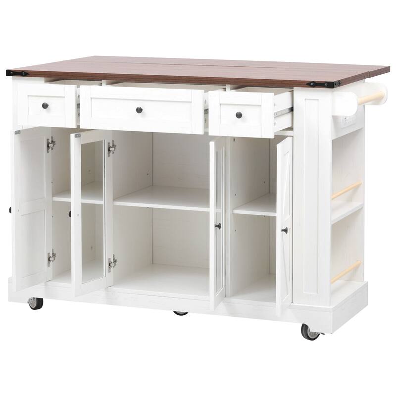 Kitchen Island with Two Tempered Glass Cabinet Doors and Power Outlet, Rolling Storage Cabinet with Drop Leaf, Open Side Racks