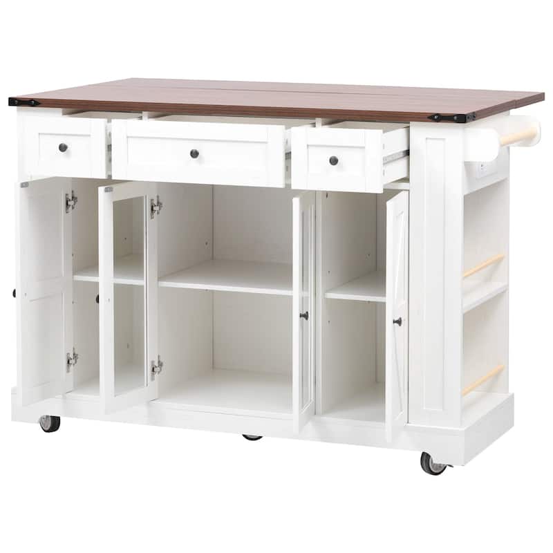 Quenie Farmhouse Kitchen Island with Drop Leaf and 3 Drawers(53-in x30-in x36-in)