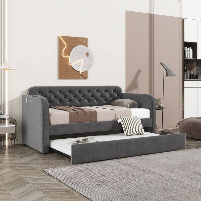 Upholstered Daybed Wooden Sofa Bed Frame, Twin Bed with Trundle & USB