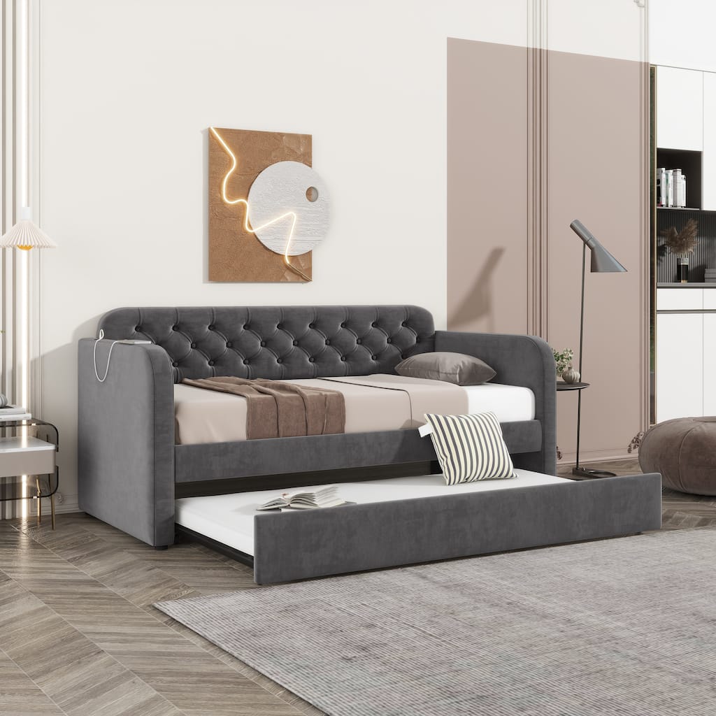 Upholstered Velvet Daybed Twin Size with Trundle & USB, Multi-Functional Wooden Sofa Bed Frame, Twin Bed, No Spring Box Needed