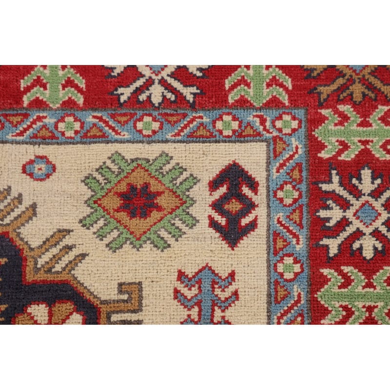 Traditional Kazak Area Rug Handmade Beige Geometric Wool Carpet - 3'11" x 5'11"