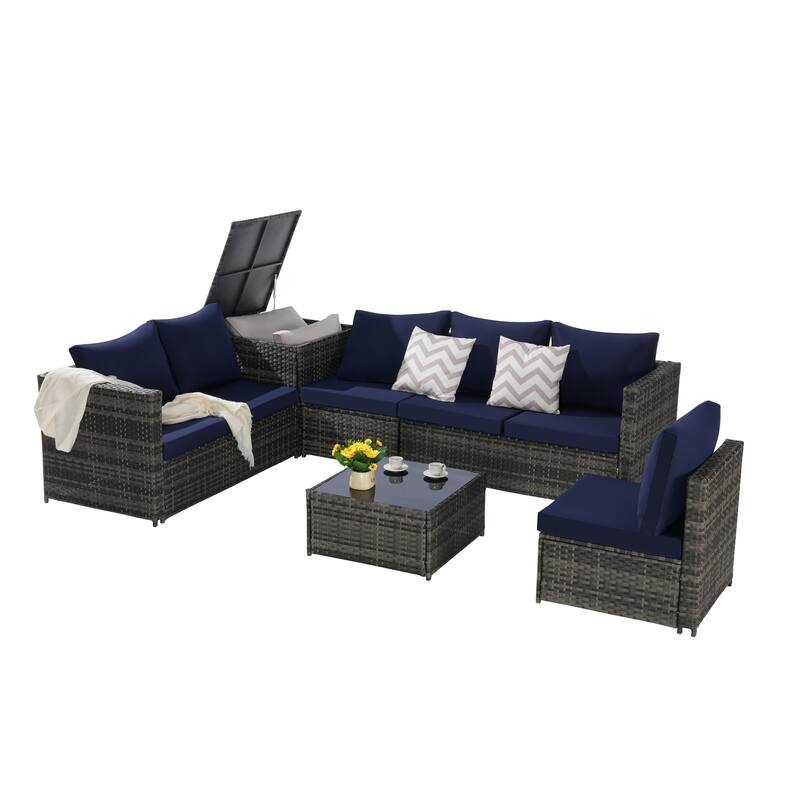 6-Piece Outdoor Patio Wicker Sectional Sofa Set with Corner Table & Glass Top Table