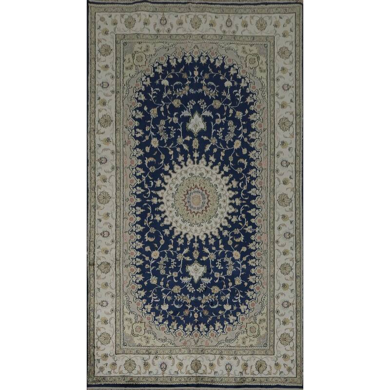 Hand Knotted Oriental Silk Carpet Traditional Floral Navy Blue & Blues Kashmar Area Rug - 7' 10'' X 5' 0''