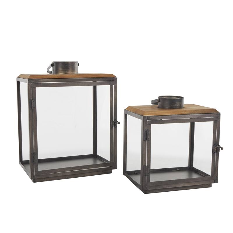Metal Brushed Rectangular Indoor Outdoor Candle Lantern with Brown Wood Tops - Set of 2 Dark Gray - Roche River Decor