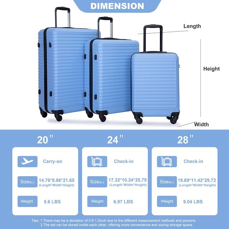 Durable 3-Piece ABS Luggage Set, Carry-On 20", Check-In 24" & 28" with Spinner Wheels