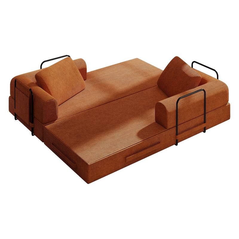 Convertible Sleeper Sofa Bed with Cylindrical Pillow - Corduroy Folding Mattress Couch with Fixed-Shape Frame