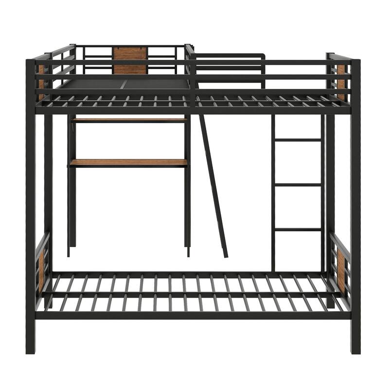 L-Shaped Twin over Twin Bunk Bed with Loft Bed, Desk, and Shelf, Brown