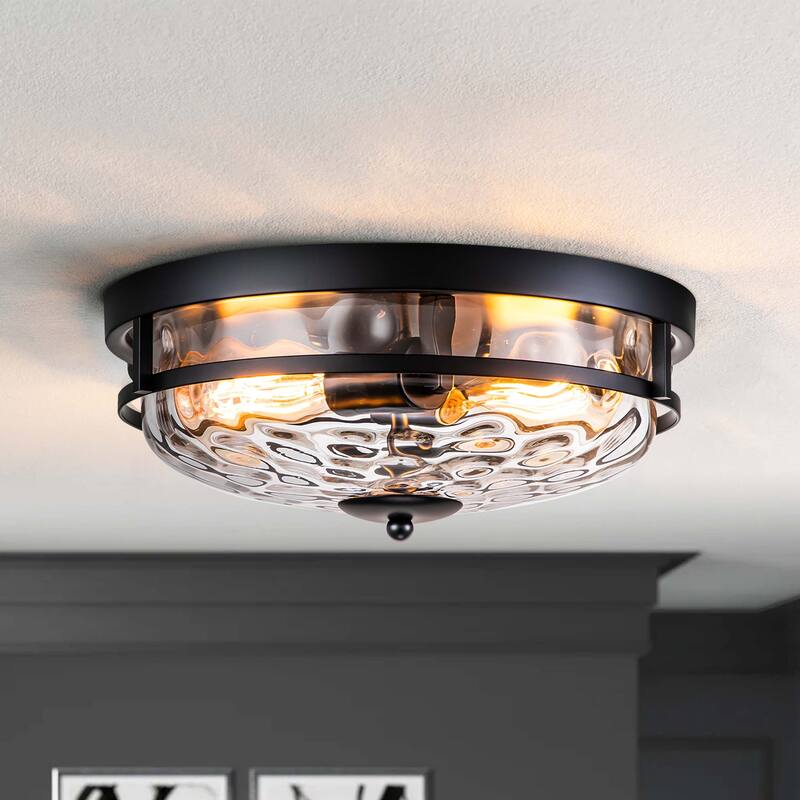 2-Light Mid-Century Modern Industrial Farmhouse Round Dome Glass Flush Mount Light - 12.9 in. W x 5.5 in. H