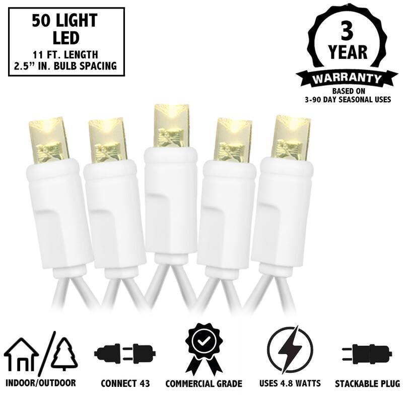 50 Light LED Christmas Mini Light Set, Patio Lights, Warm White, White Wire, 11’