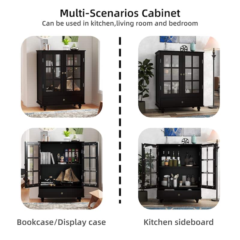 A Minimalist Buffet Cabinet with Double Glass Doors and a Drawer, Offering Modern Wooden Storage Solutions .