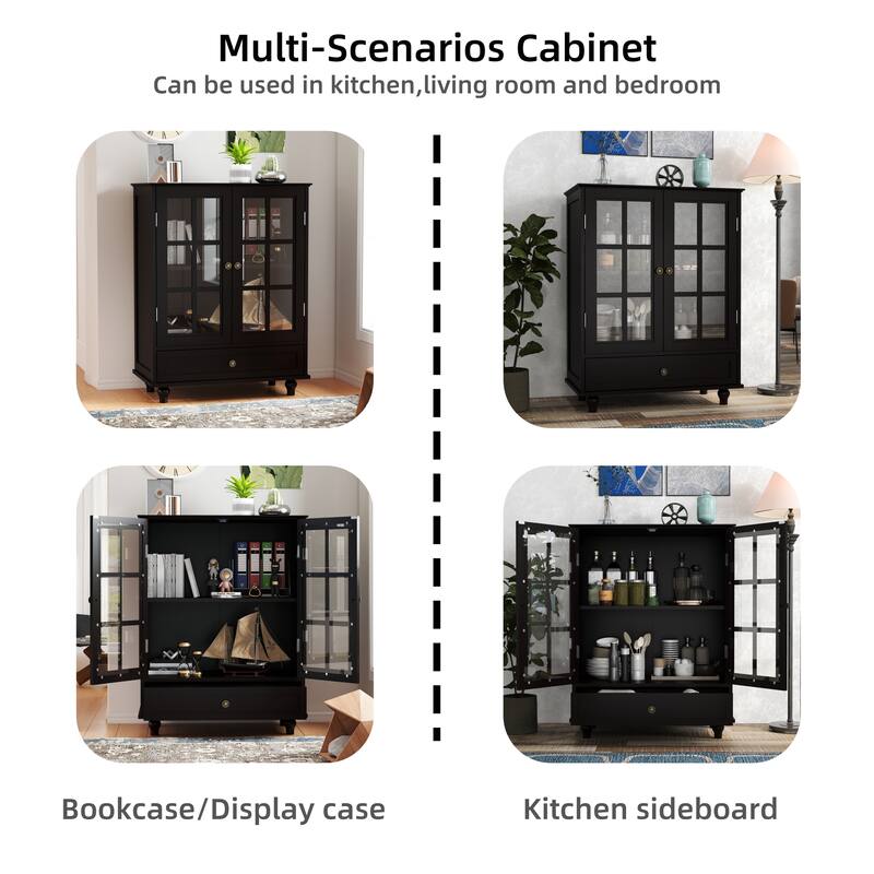 Accent Cabinet with Glass Doors and Drawers, Wooden Buffet and Sideboard Cupboard with Storage