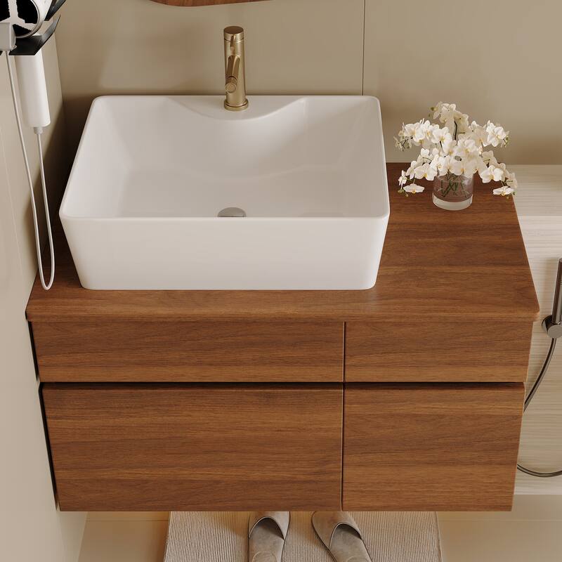Floating Single Small Bathroom Vanity with Integrated Vessel Ceramic Sink and Multi-layer Storage Solid Wood Cabinet