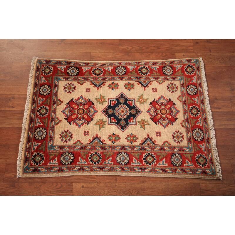 Geometric Kazak Oriental Foyer Rug Hand-Knotted Beige Wool Carpet - 2'0" x 3'0"