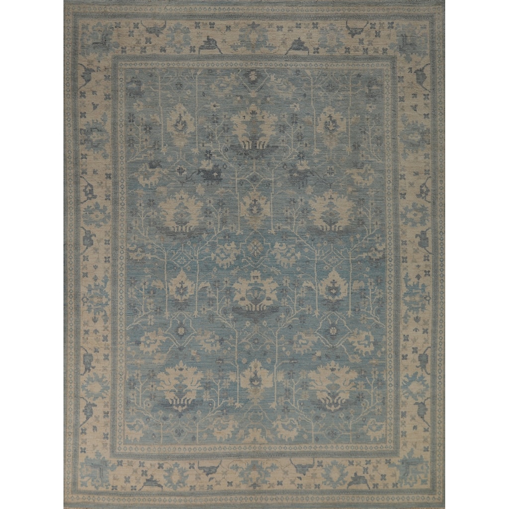 Transitional Blue Oushak Turkish Area Rug Hand-Knotted Wool Carpet - 8'0"x 9'10"