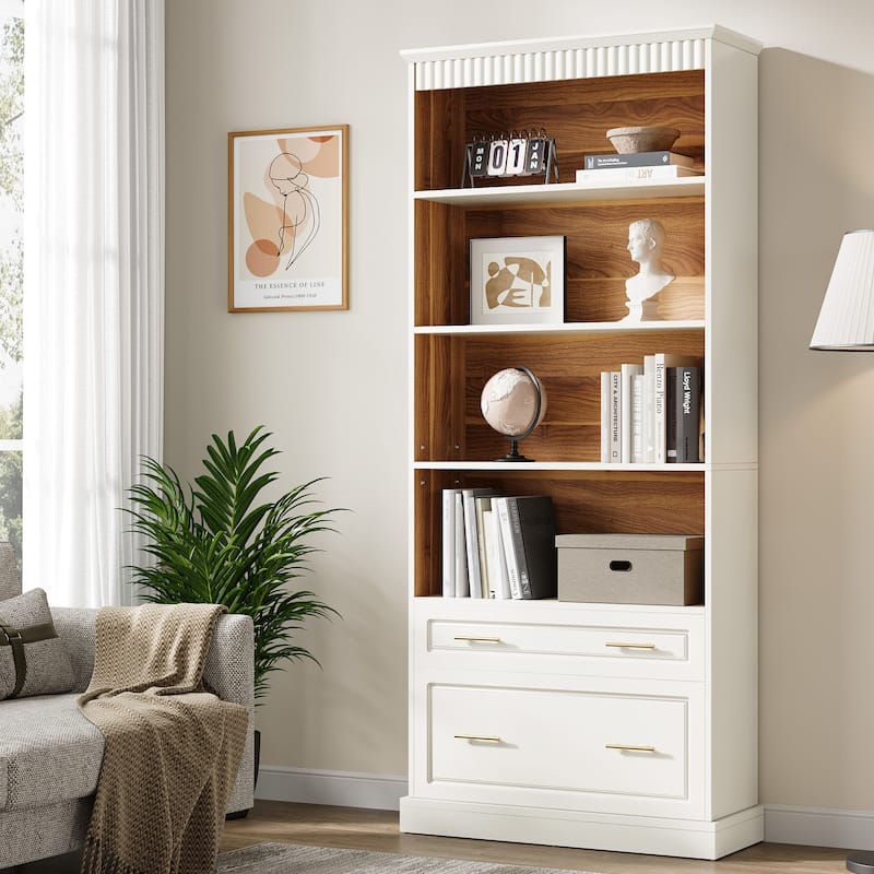 5-tier Modern Bookshelf Tall Bookcase with 2 Drawers (Set of 2) - 31.5" W x 11.8" D x 72.8" H