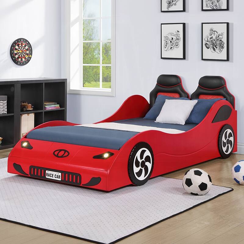 Upholstered Twin-Size Car Bed with LED