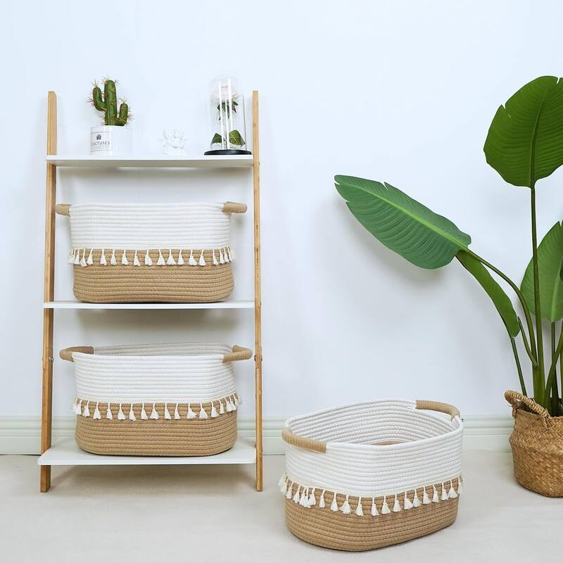 Woven Storage Bin Set of 3, Cotton Rope Basket for Storage - 14.56"D x 6.69"W x 10.63"H