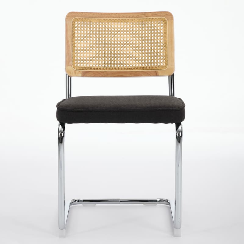 Modern Dining Chairs Set of 2, Velvet Accent Chairs with Natural Cane Back & Stainless Chrome Base, Upholstered Rattan Chairs