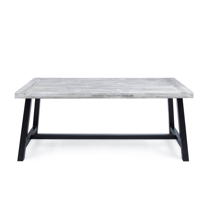 Outdoor Light Grey Sandblast Finish Acacia Wood Dining Table with Black Rustic Metal Finish Frame