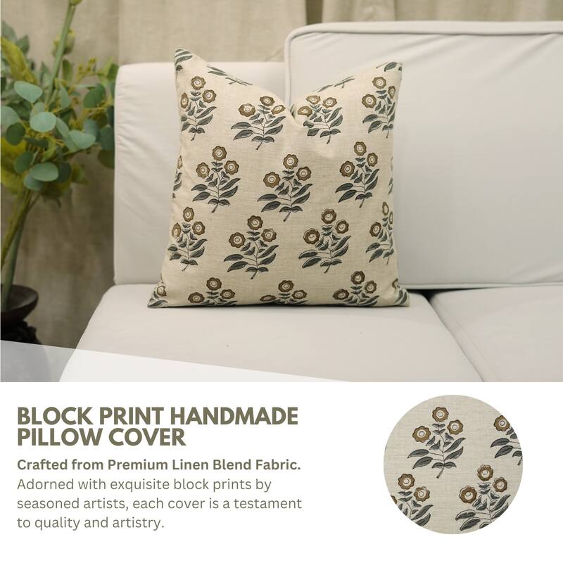 Fabdivine Handmade Floral or Weave Yellow Pillow Cover in Soft Linen for Block Print Room Boho Spring Home Décor, Lehar