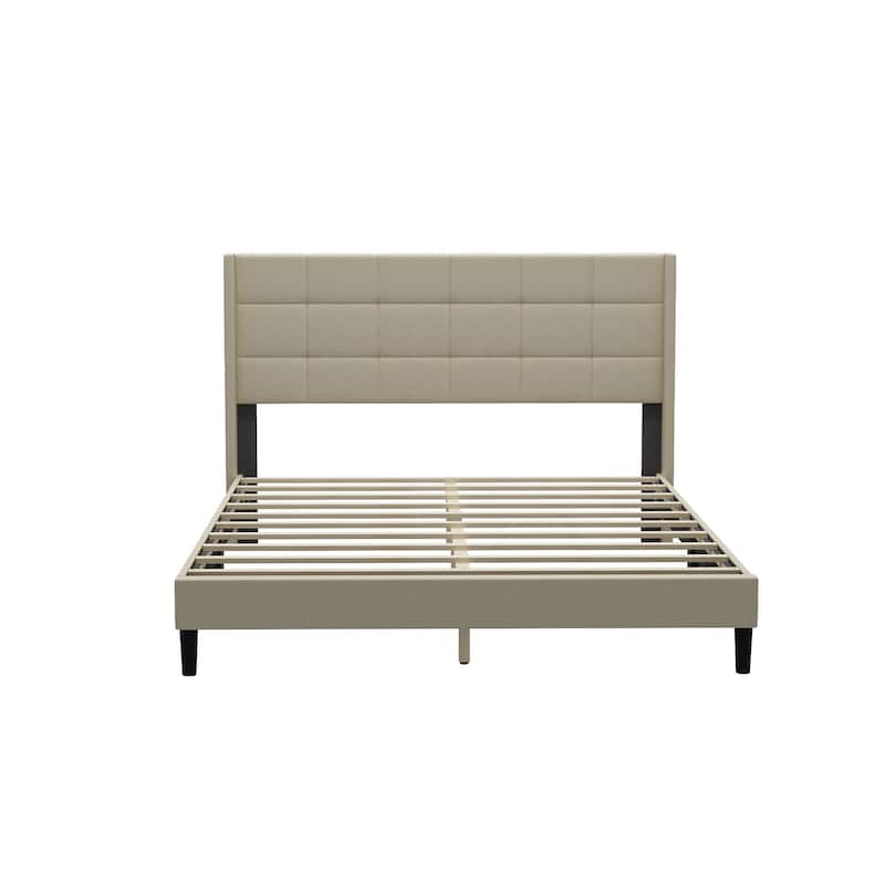 Farmhouse Queen Bed Frame Upholstered Button-Tufted Headboard Beige