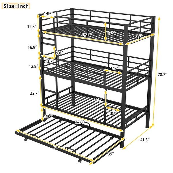 dimension image slide 1 of 2, Modern Design Twin Size Metal Triple Bunk Bed With Trundle,Featuring Full-Length Guardrail,Space-Saving,Antique Black