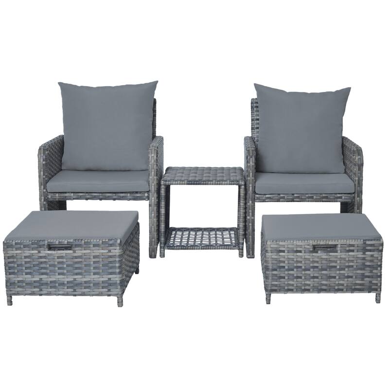 5 Pieces Patio Conversation Set with Cushions Coffee Table and 2 Ottomans