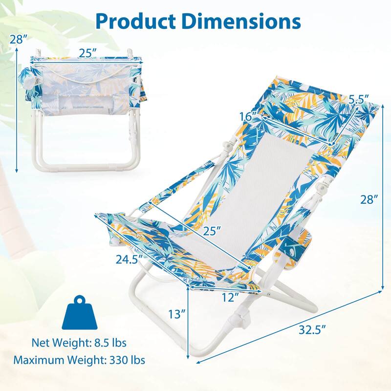 Costway Folding Low Beach Chair, Set of 2 with Padded Head Pillow,