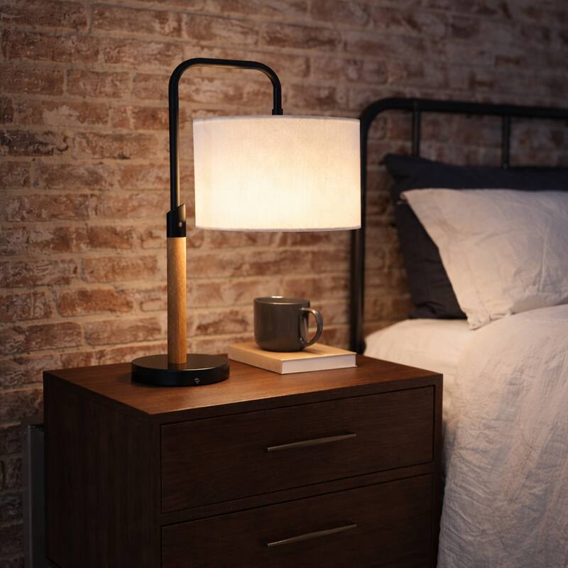 Valentina Modern Swirl Accent Table Lamp with Linen Shade - Walnut