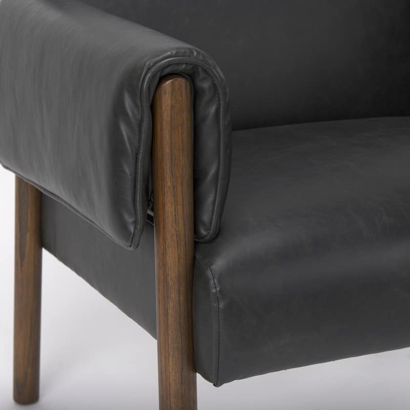 Ashton Black Faux Leather Fabric w/ Dark Brown Solid Beechwood Frame Accent Chair - 28.5"W x 29.7"D x 31.4"H
