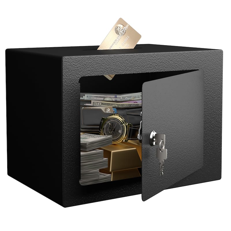 Secure Safe With Key And Password Money Home Safe, 0.23 Cubic Feet Small Safe, Mini Storage Cabinet - Black