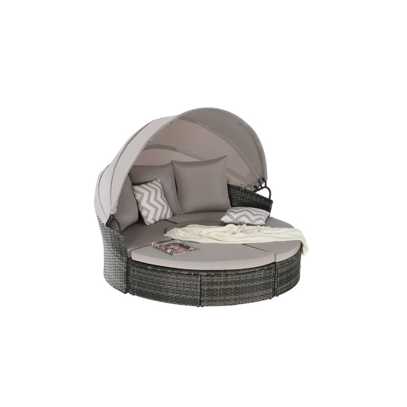 5-Piece Outdoor Patio Conversation Set Wicker Daybed Set with Canopy, Storable Table&Soft Cushions