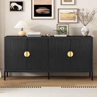 Exquisite Vertical-Striped Four-Door Sideboard Buffet Cabinet with Sturdy Metal Legs